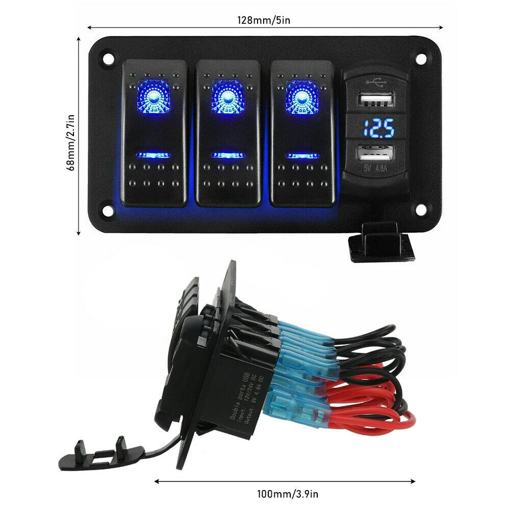 12V 24V 4 Gang Slimline LED Rocker Switch Panel With USB Charger Boat Caravan RV 3 12V 24V 4 Gang Slimline LED Rocker Switch Panel With USB Charger Boat Caravan RV - Image 3