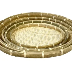 Unique Round Bamboo Food Serving Tray Bowl Dishware Natural Wood - Set Of 5