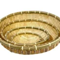 Unique Round Bamboo Bowl Basket Serving Dishware Natural Wood - Set Of 4