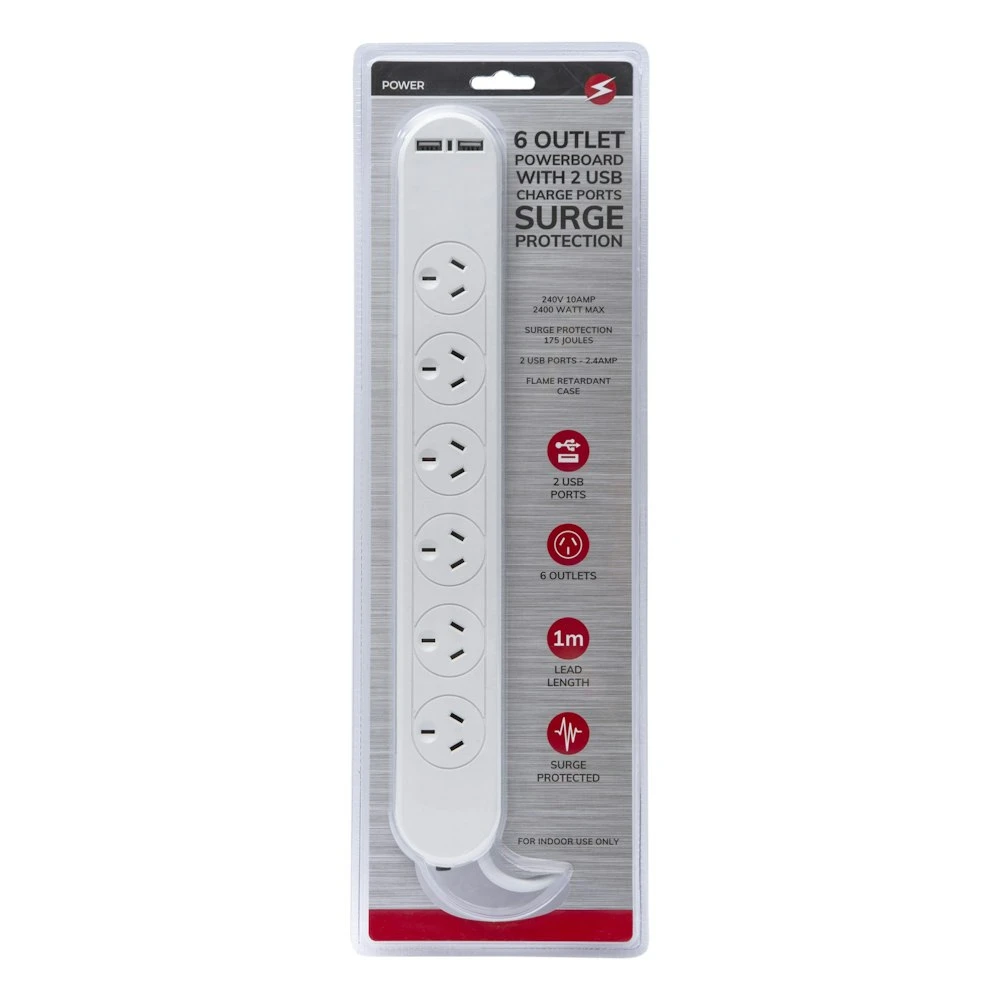 6 Outlet Powerboard With Surge Protection And Dual USB Charger 1 6 Outlet Powerboard With Surge Protection And Dual USB Charger