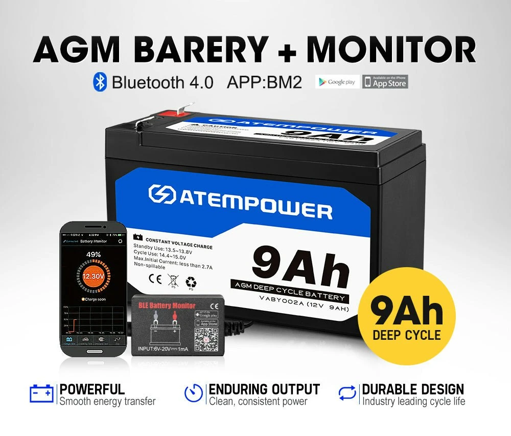 Atem Power 9AH AGM Battery W/ Battery Monitor 12V AMP Lead Acid SLA 2 Atem Power 9AH AGM Battery W/ Battery Monitor 12V AMP Lead Acid SLA - Image 2