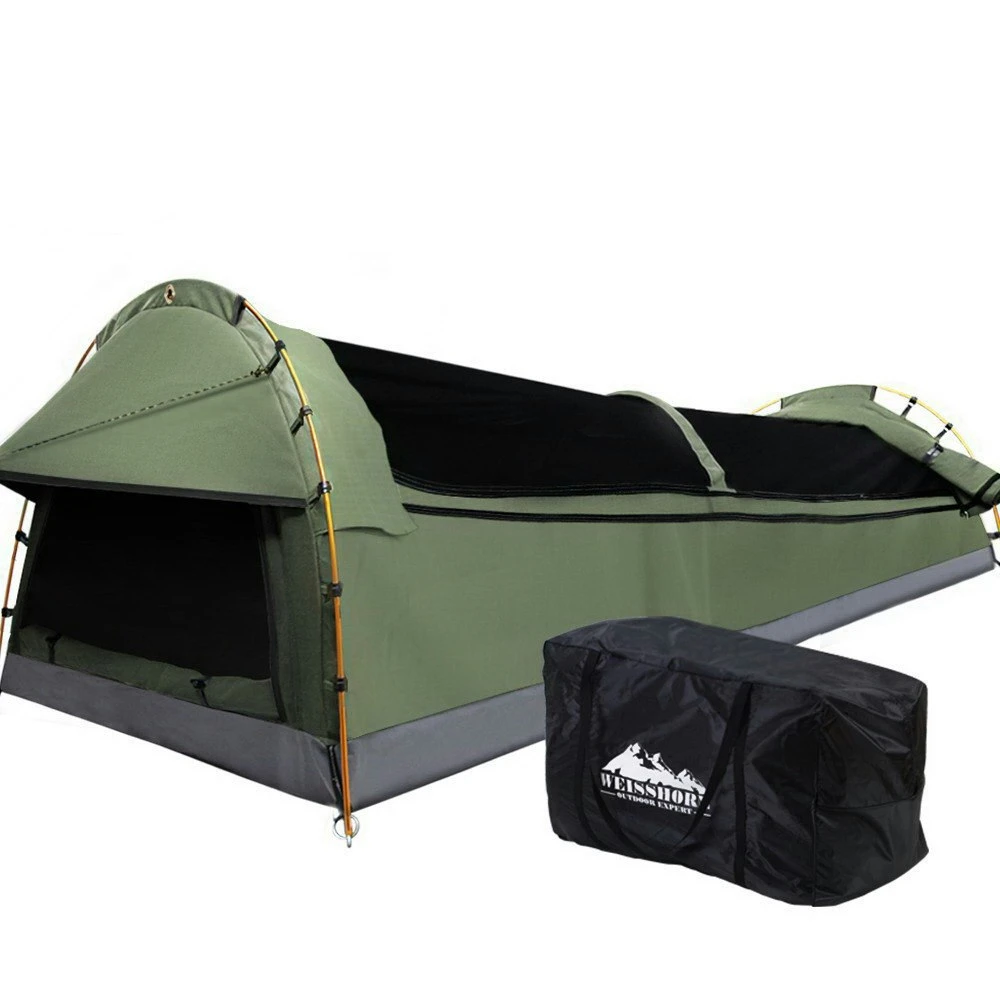 Weisshorn Double Swag Camping Swags Canvas Tent Deluxe Celadon With Mattress 1 Weisshorn Double Swag Camping Swags Canvas Tent Deluxe Celadon With Mattress