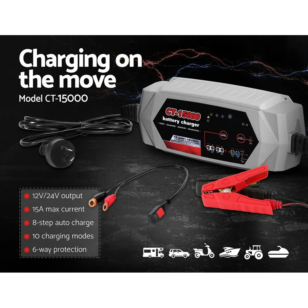 Car Boat Motorcycle Smart Battery Charger 15A 12V 24V CT-15000 Automatic SLA AGM 3 Car Boat Motorcycle Smart Battery Charger 15A 12V 24V CT-15000 Automatic SLA AGM - Image 3