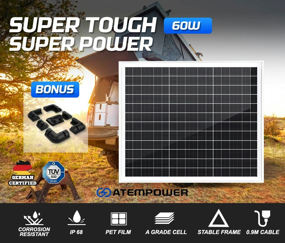 Atem Power 60W 12V Solar Panel Mono Fixed + Solar Mounting Brackets 2 Atem Power 60W 12V Solar Panel Mono Fixed + Solar Mounting Brackets - Image 2