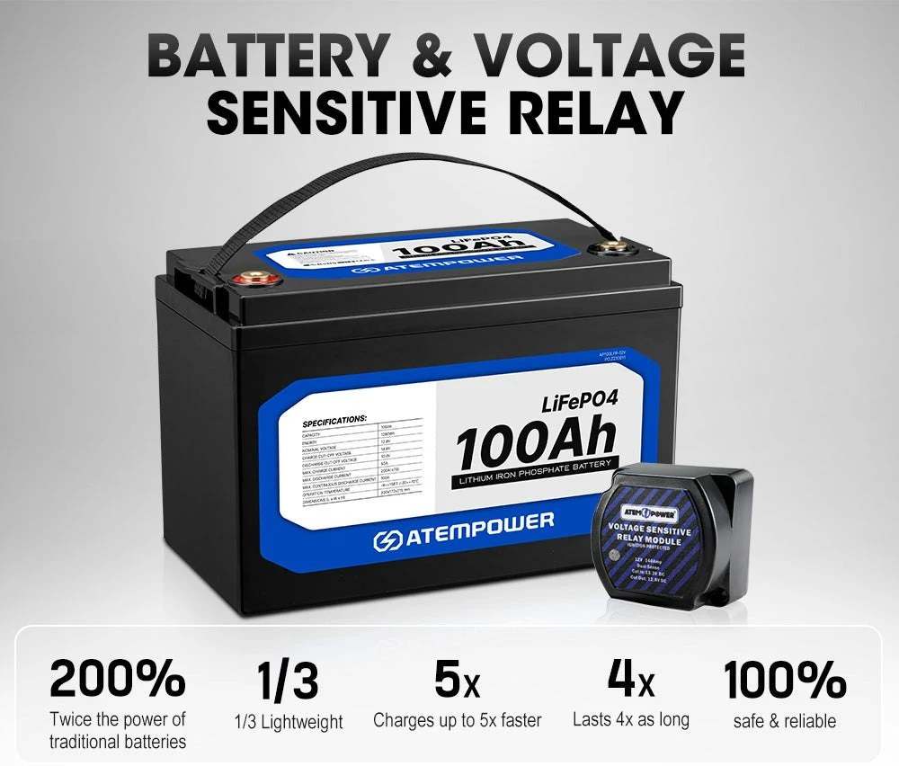 Atem Power 12V 100Ah Lithium Battery LiFePO4 Deep Cycle+Voltage Sensitive Relay 2 Atem Power 12V 100Ah Lithium Battery LiFePO4 Deep Cycle+Voltage Sensitive Relay - Image 2